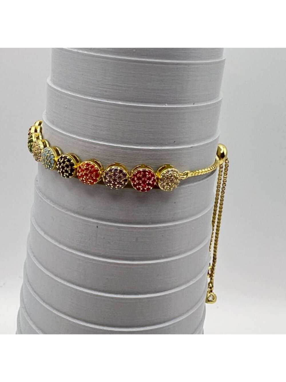 Rainbow Pave Crystal Bracelet Adjustable Bolo Gold Tone Multicolor Glam 5-9.25" - Picture 3 of 9